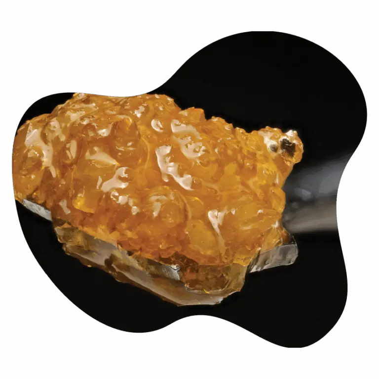 Close-up of a golden, crystalline cannabis concentrate on a dab tool, highlighting a product sold at Housing Works Cannabis Co. dispensary.