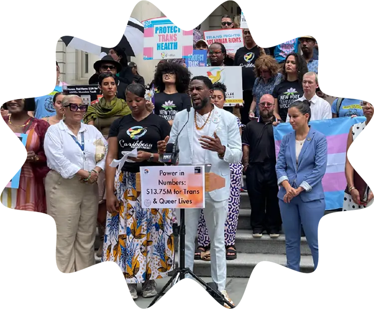 Housing Works advocates and community leaders speak at a rally supporting $13.75M in funding for trans and queer lives.