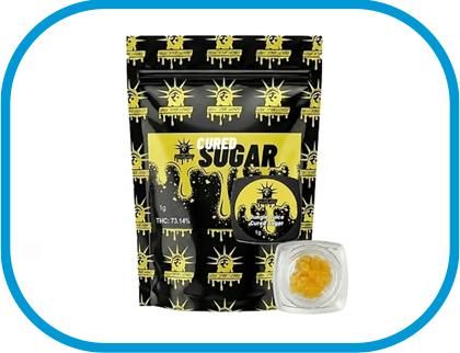 New York Honey Jungle Juice cured sugar cannabis concentrate with package and jar