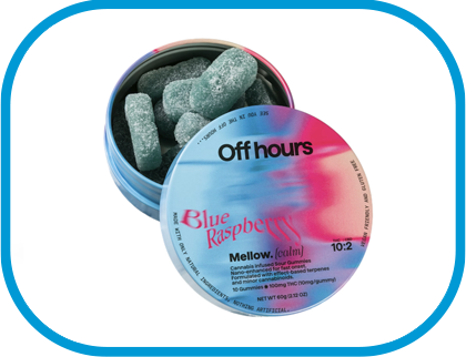 Off Hours Blue Raspberry Mellow cannabis gummies in open tin container