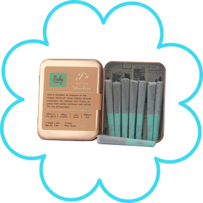Ruby Farms Blu Dream Dobbies cannabis pre-rolls in open tin container