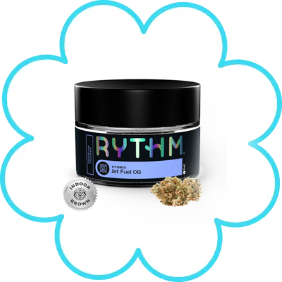 Rythm Jet Fuel OG hybrid cannabis flower jar with loose flower bud